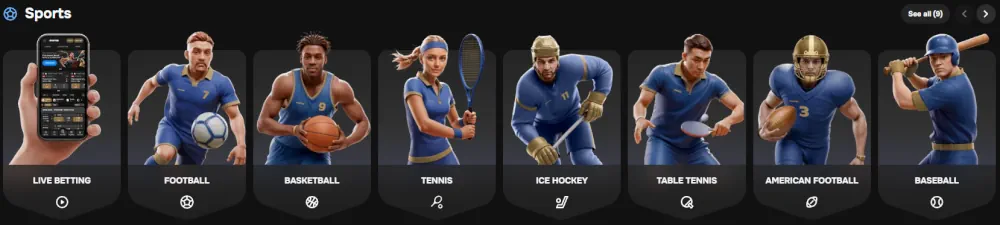 Sección de apuestas deportivas de Mr Punter con diversas categorías de eventos en vivo.